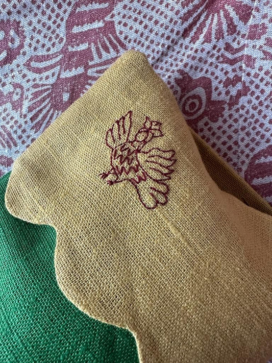 Christmas Stocking in Emerald Green with Ochre Scalloped Top and Sirin Bird Embroidery