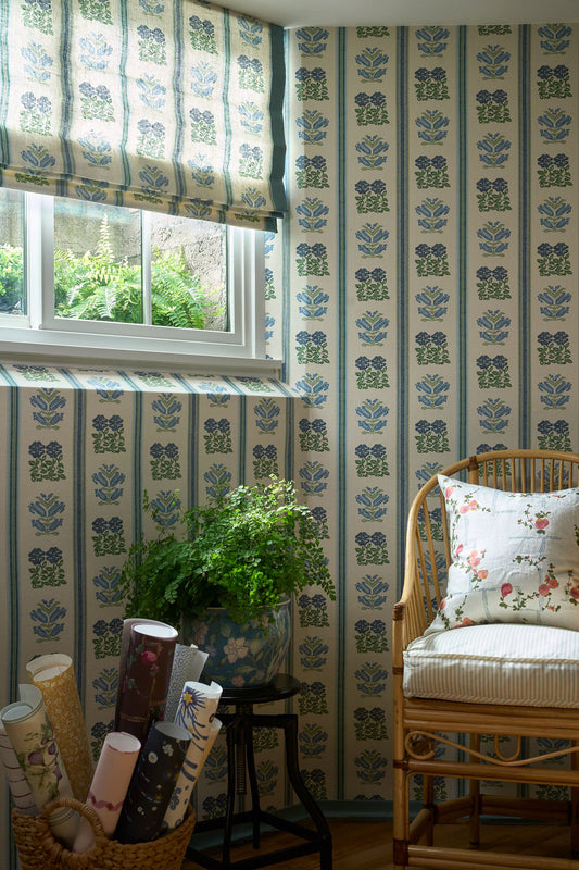 Paper-Backed Folkloric Floral Stripe Printed Linen Wallcovering Delft Blue/Oyster