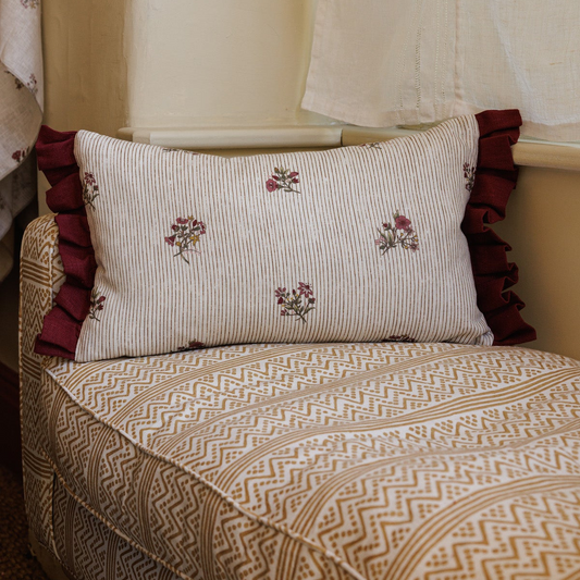 Posy Pinstripe Scarlet Print Cushion with Scarlet Frill
