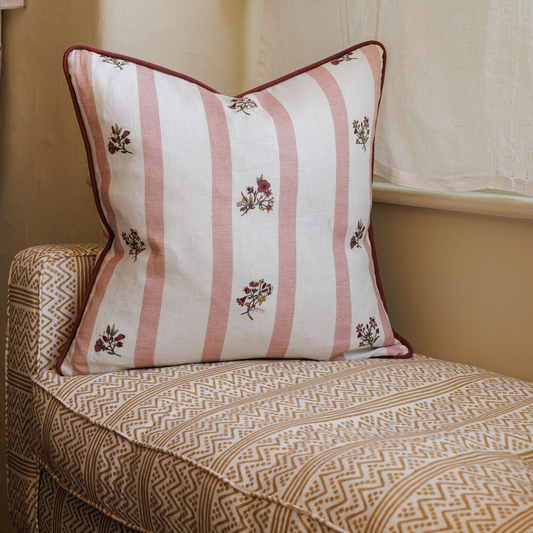 Posy Stripe Soft Coral Print Cushion with Marsala Piping
