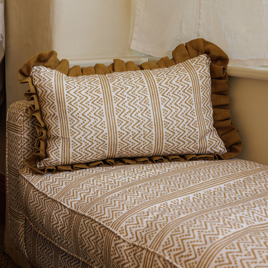 Scherezade Washed Gold Print Cushion with Old Gold Frill