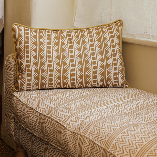 Kitezh Old Gold Print Cushion with Ochre Piping