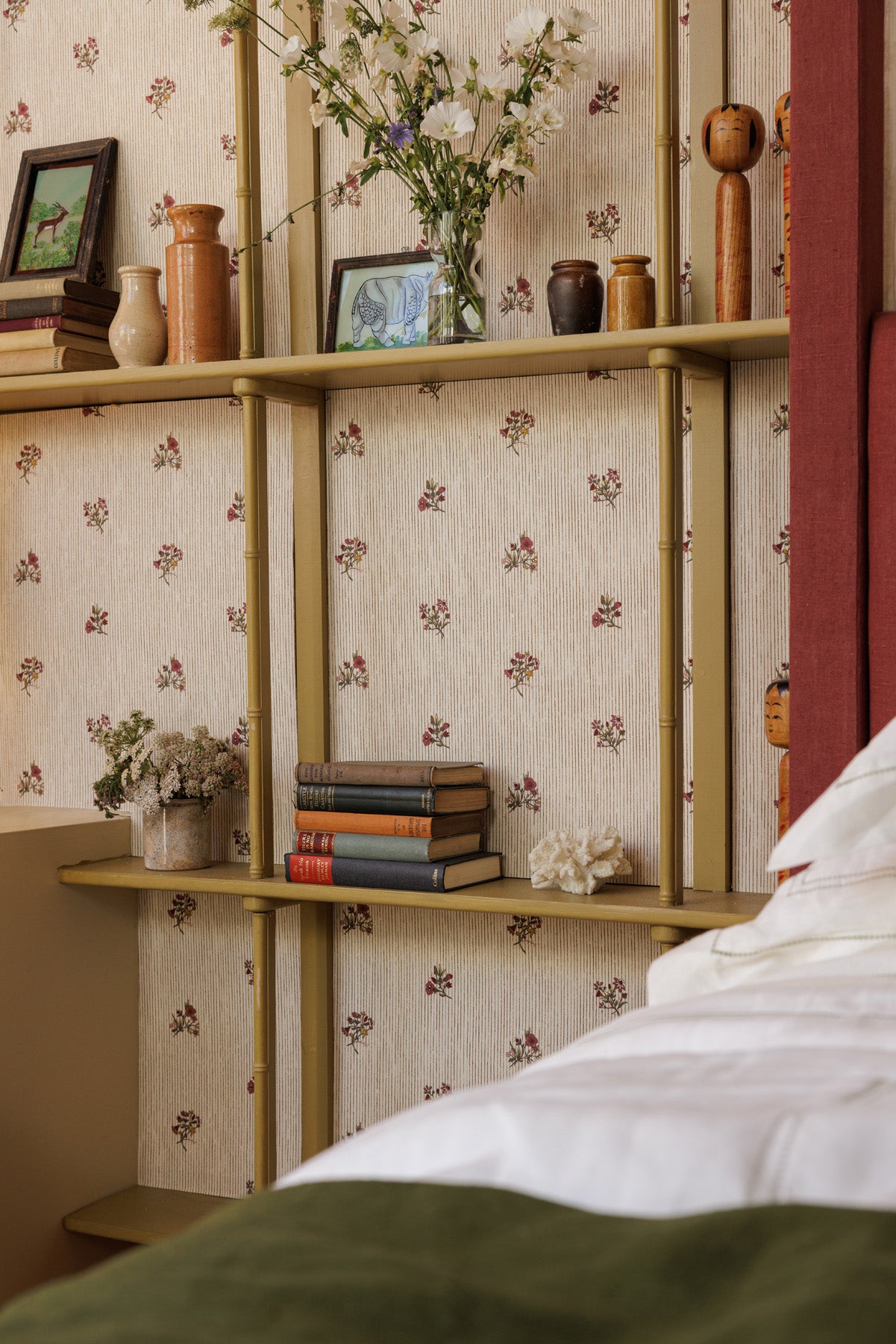Paper-Backed Flax & Field Posy Pinstripe Printed Linen Wallcovering Scarlet/Oyster