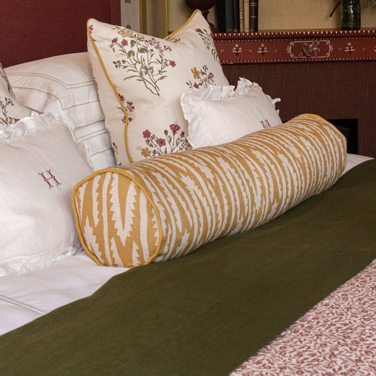 Shashka Printed Linen Large Bolster Cushion in Ochre