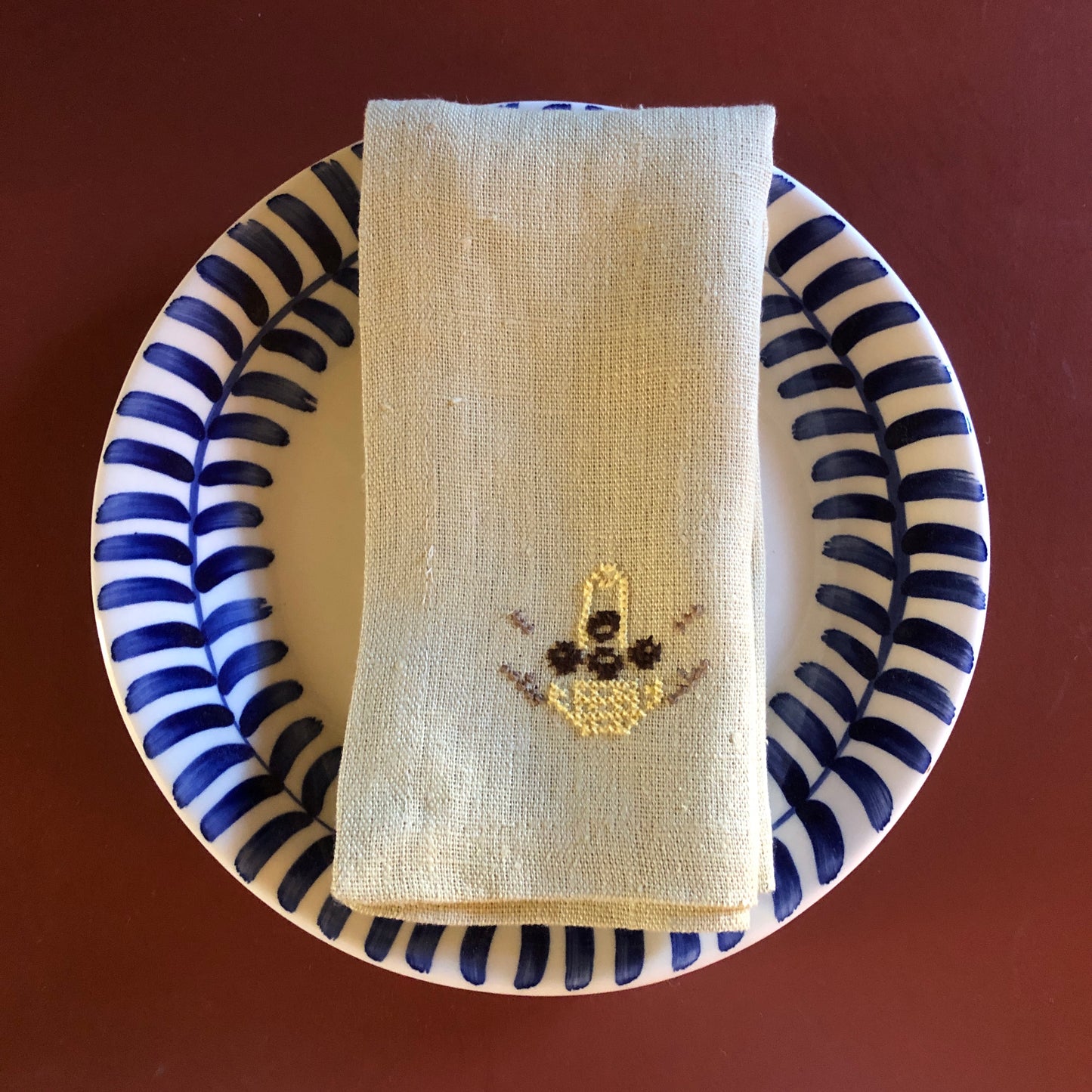 Napkin Pale Gold Napkin With Palestinian Egg Basket Hand Embroidery