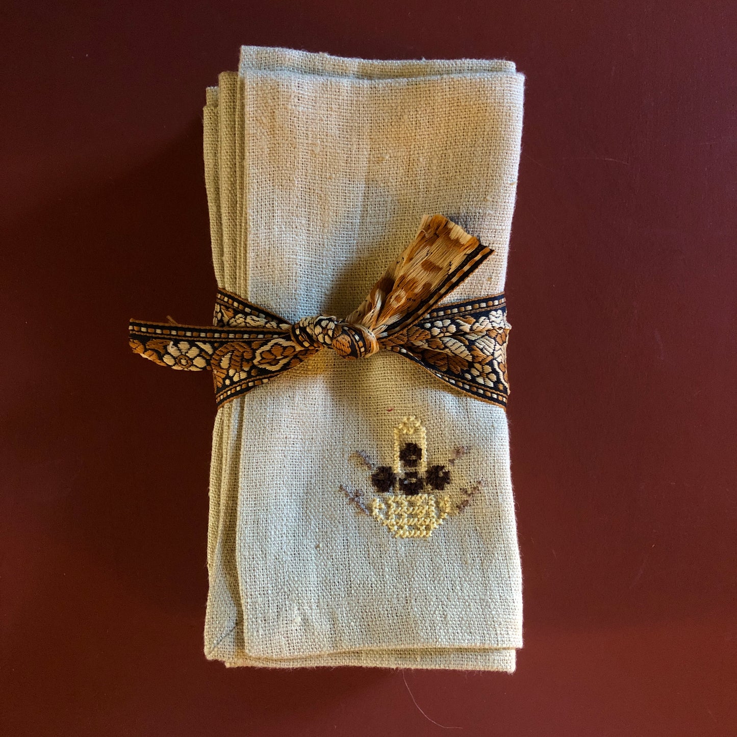 Napkin Pale Gold Napkin With Palestinian Egg Basket Hand Embroidery