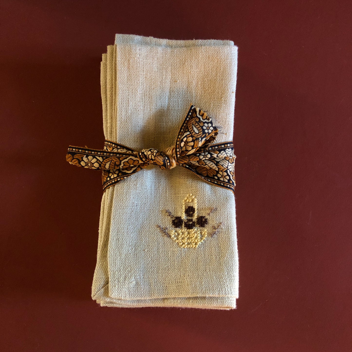 Napkin Pale Gold Napkin With Palestinian Egg Basket Hand Embroidery