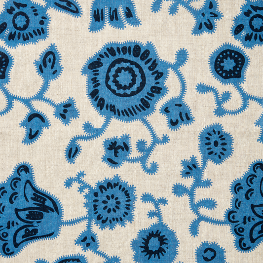 Paper-Backed Persian Poppy Printed Linen Wallcovering Cornflower Blue/Natural