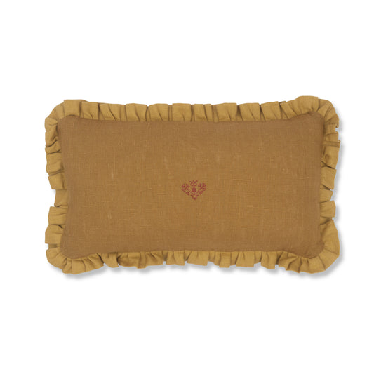 Old Gold Cushion with Ochre Frill and Crossed Heart Embroidery
