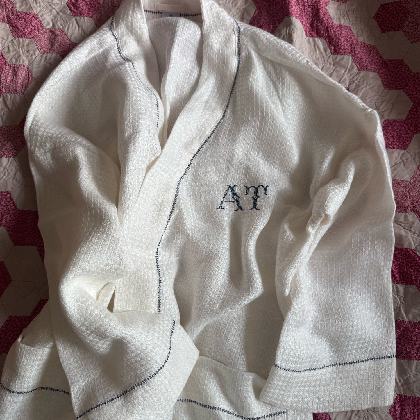 Liège Robe in Ivory White Waffle with Coloured Hemstitch