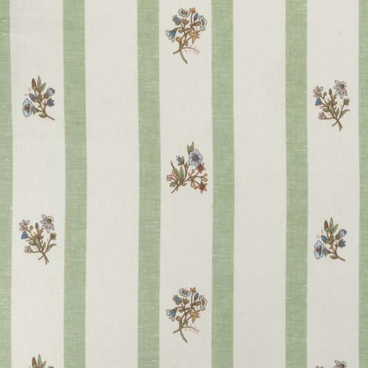 Paper-Backed Flax & Field Posy Stripe Printed Linen Wallcovering Eucalyptus/Pale Oyster