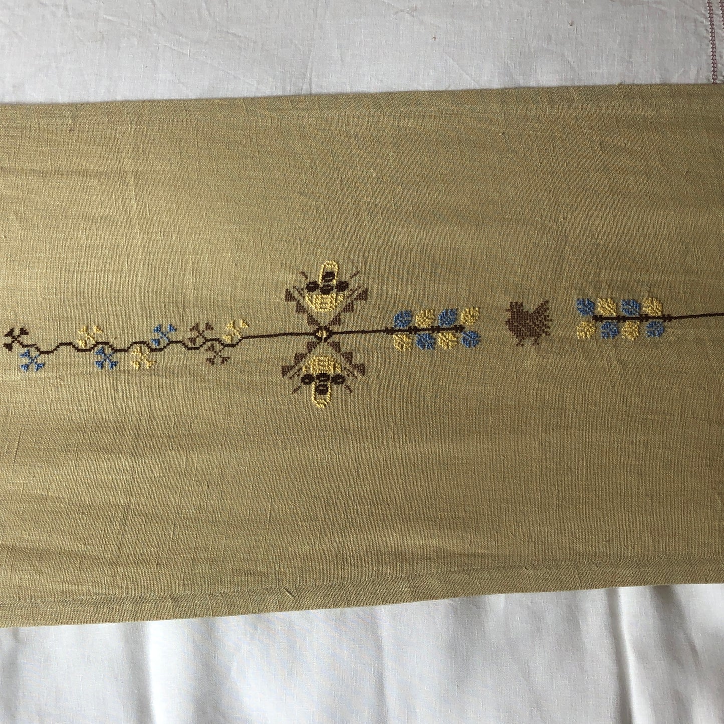 Pale Gold Table Runner with Palestinian Hand Embroidery