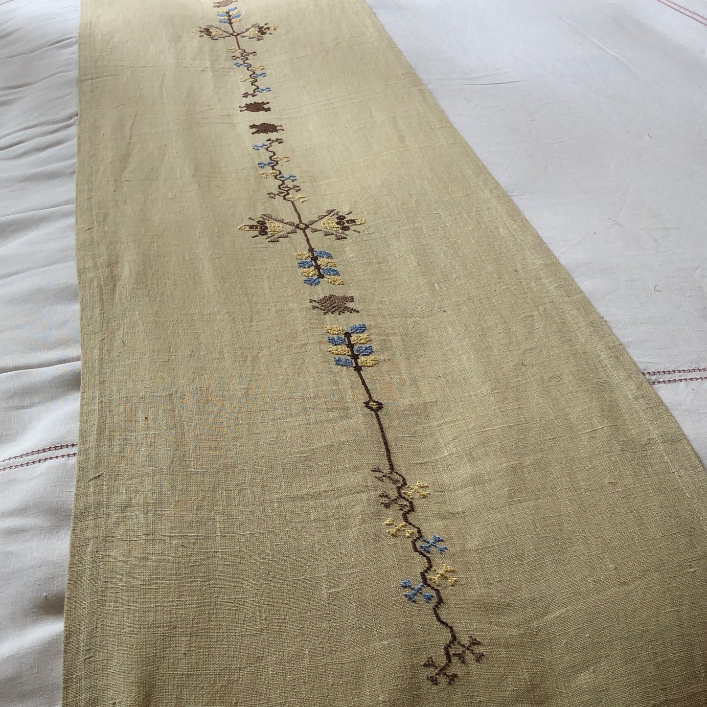Pale Gold Table Runner with Palestinian Hand Embroidery