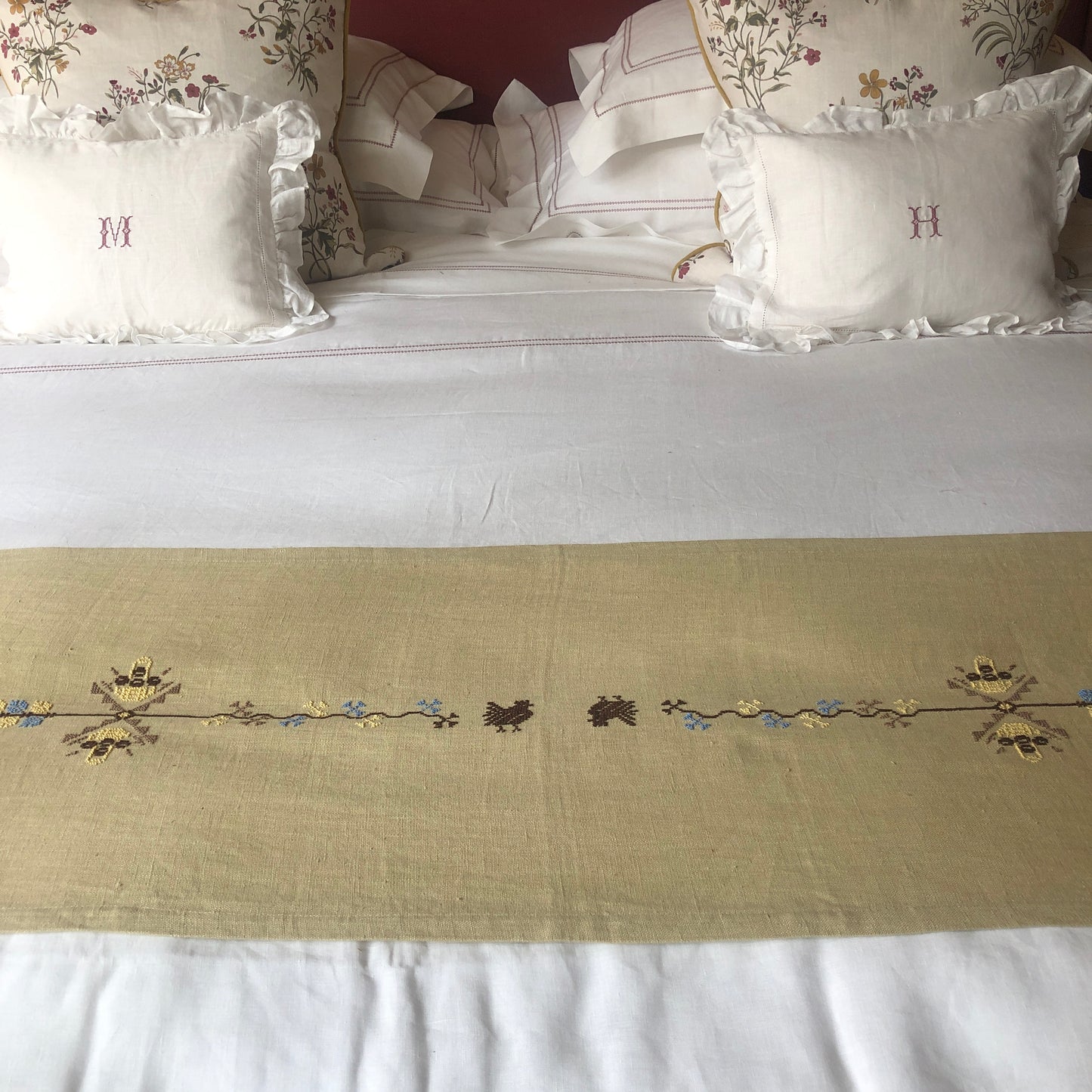 Pale Gold Table Runner with Palestinian Hand Embroidery