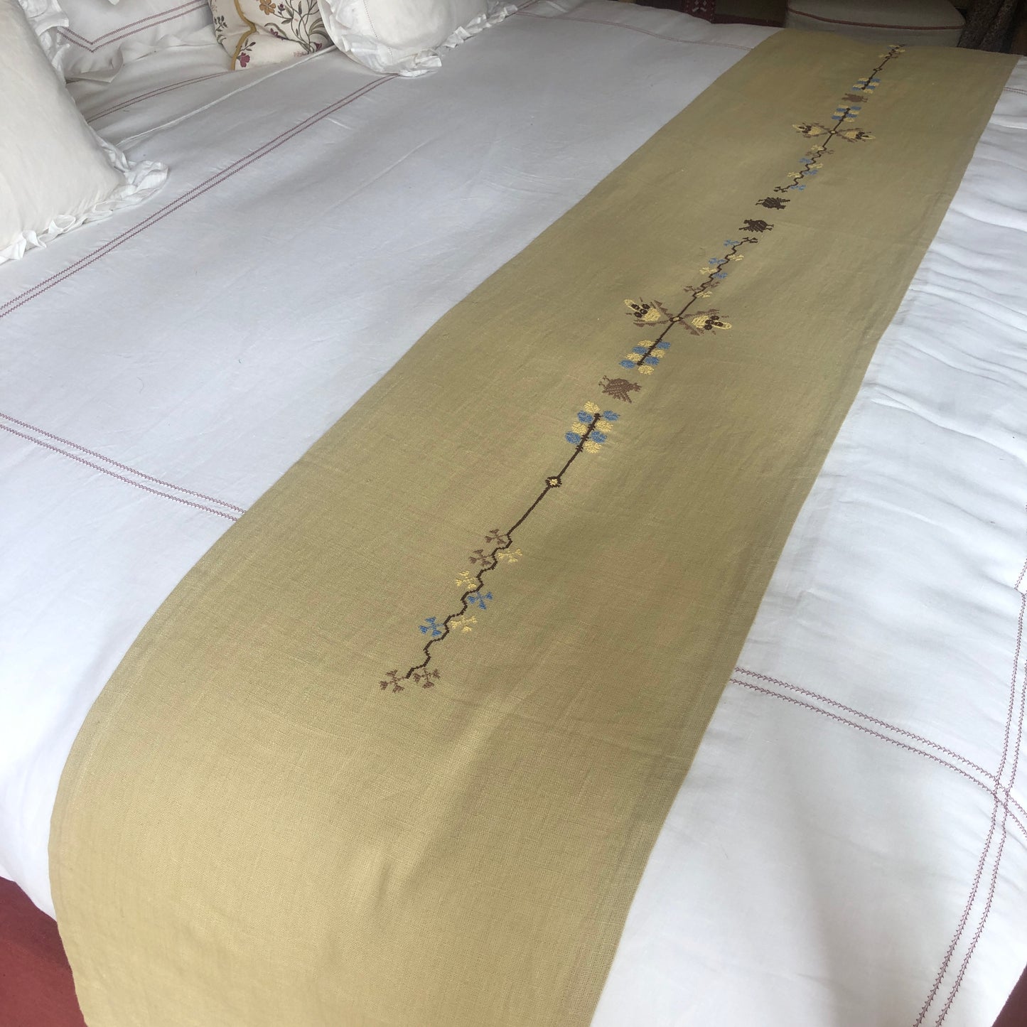 Pale Gold Table Runner with Palestinian Hand Embroidery