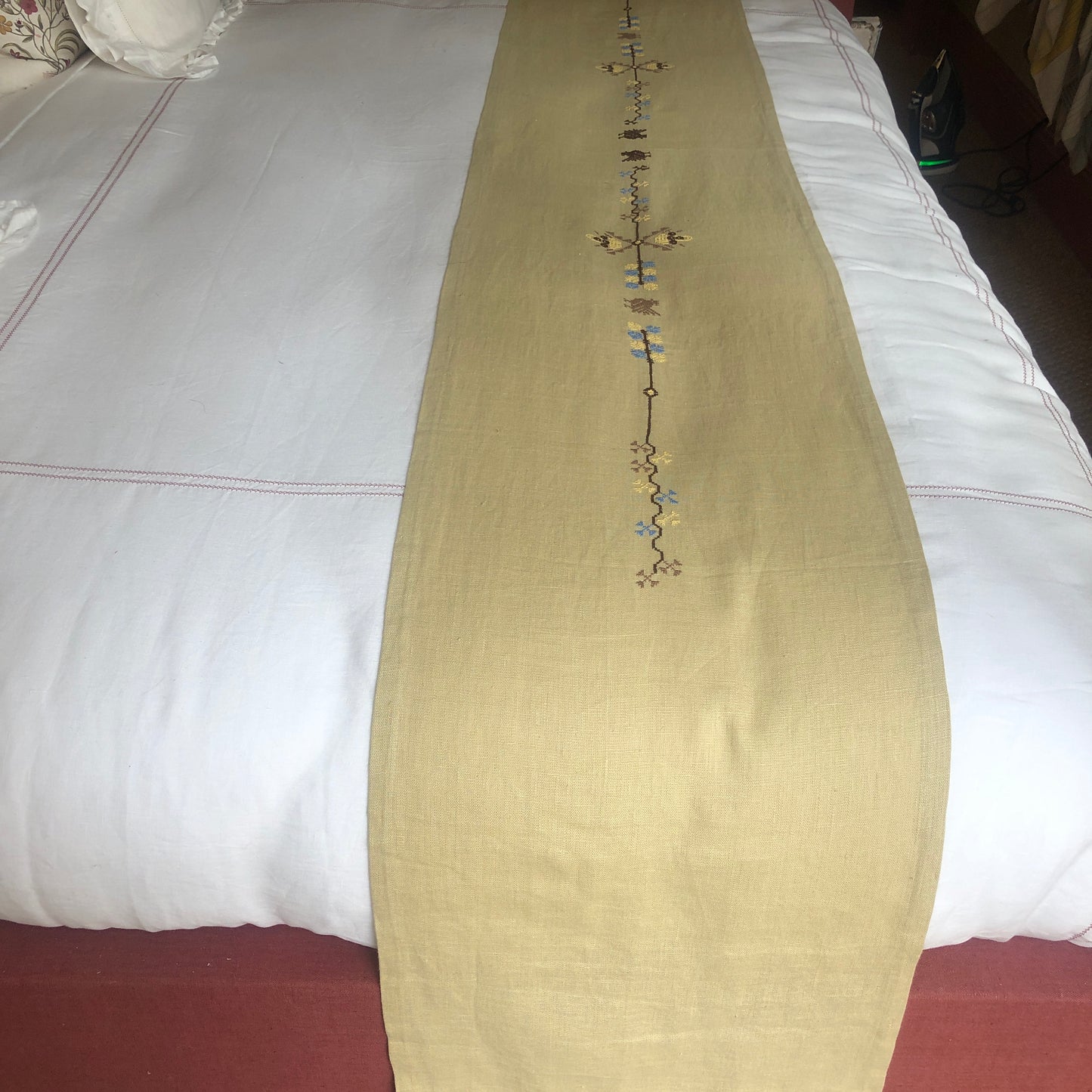 Pale Gold Table Runner with Palestinian Hand Embroidery