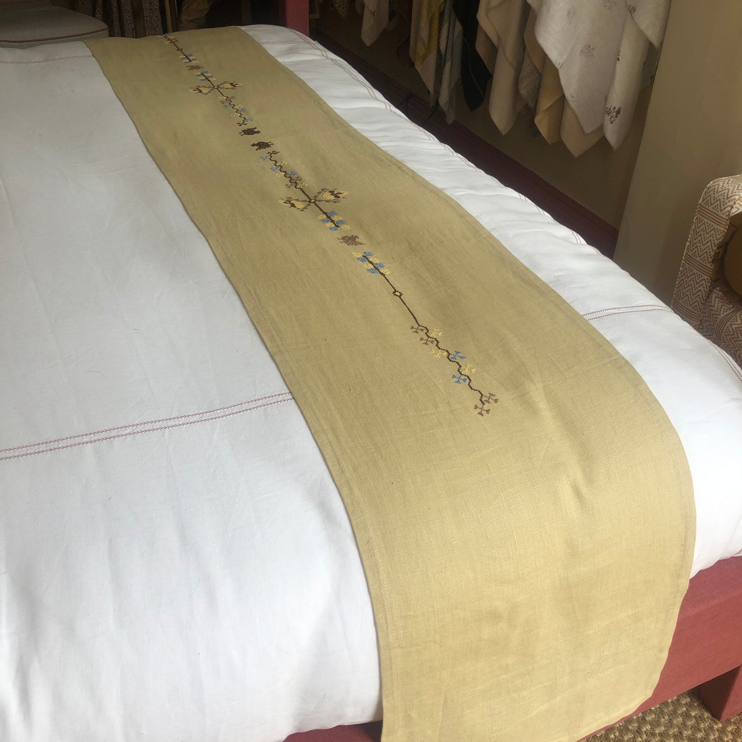 Pale Gold Table Runner with Palestinian Hand Embroidery