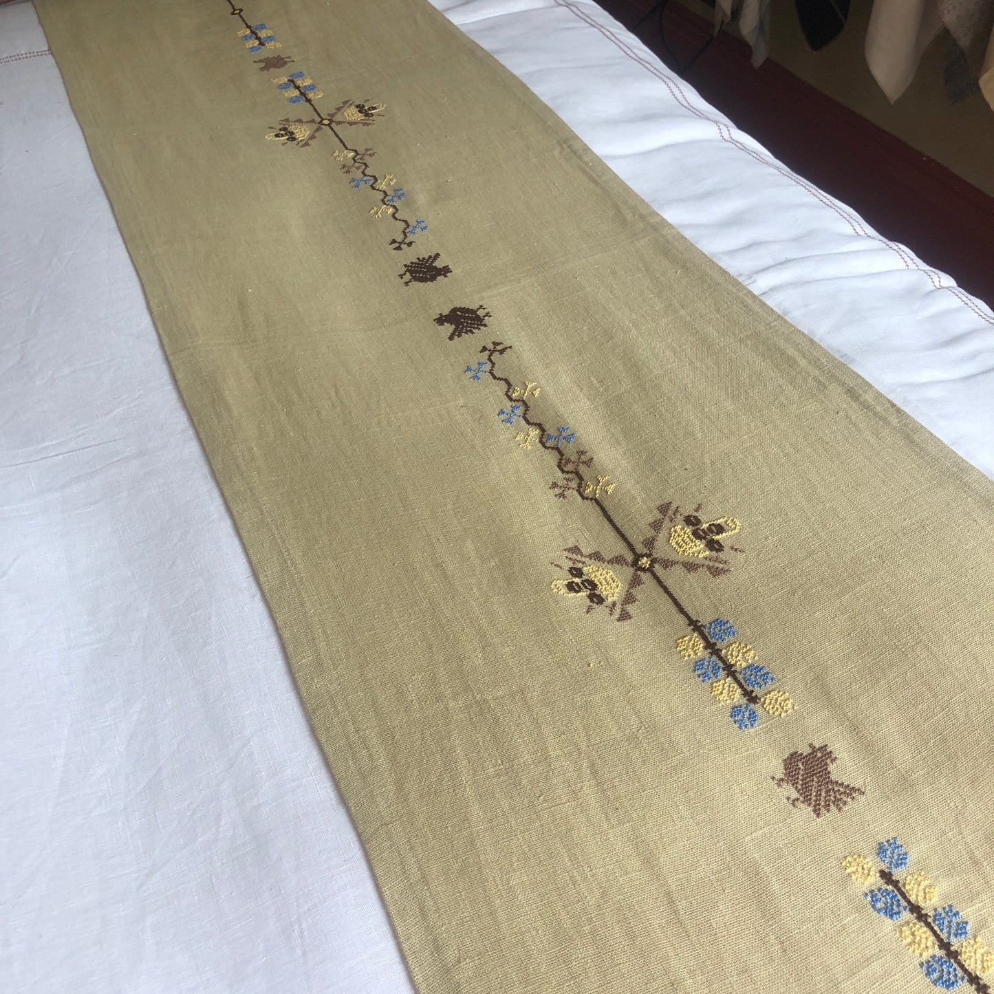 Pale Gold Table Runner with Palestinian Hand Embroidery