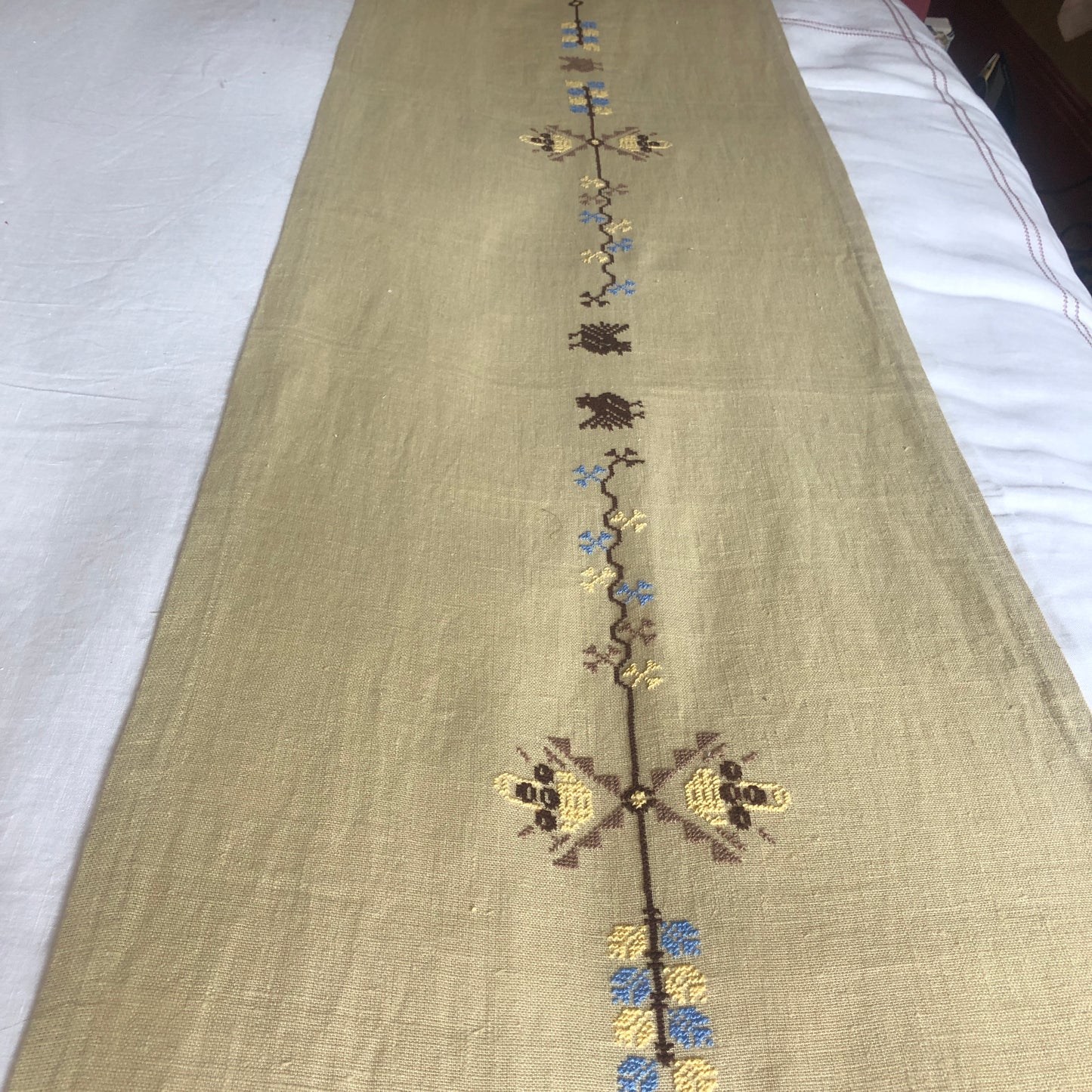 Pale Gold Table Runner with Palestinian Hand Embroidery