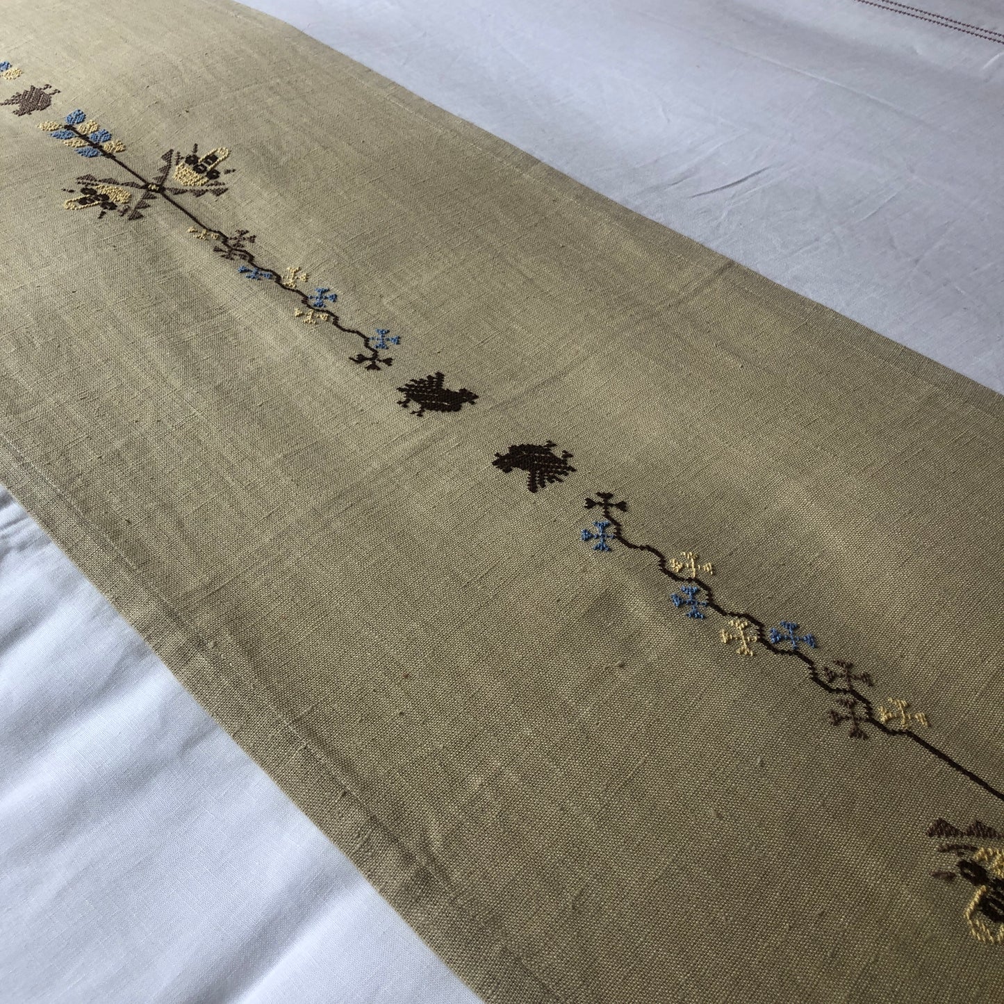 Pale Gold Table Runner with Palestinian Hand Embroidery