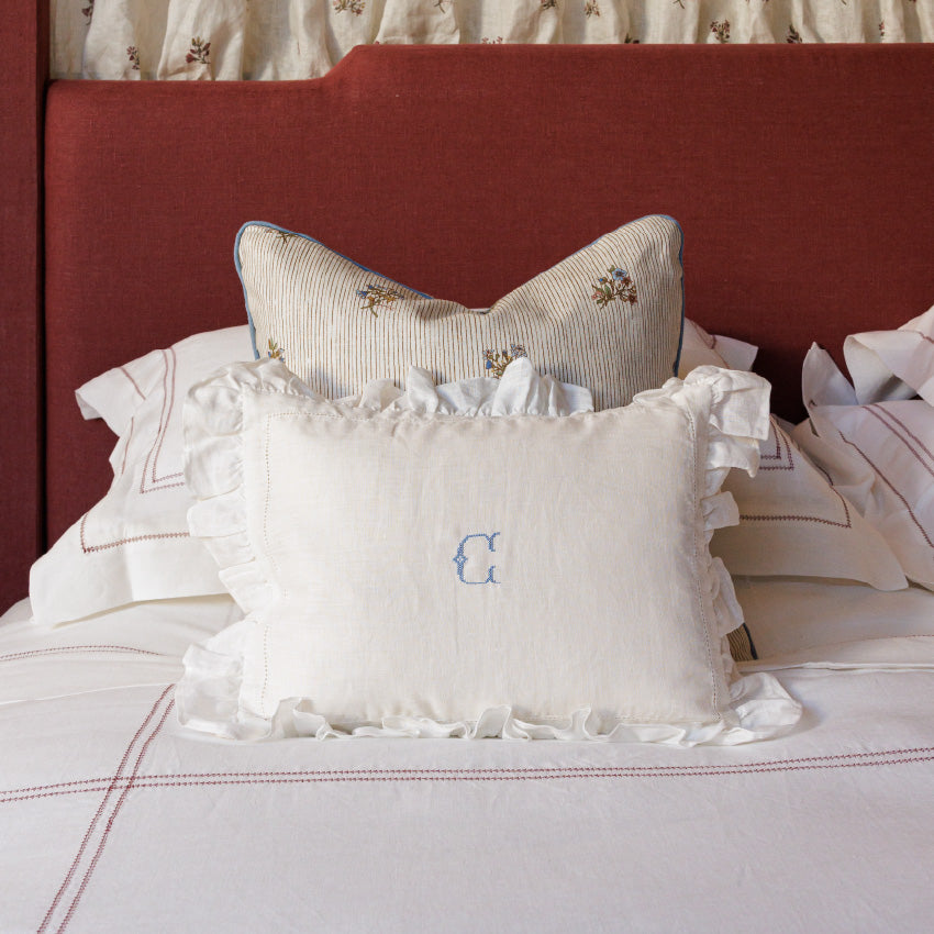 Boudoir Pillow With Frill & "C" Initial Embroidery in Cornflower Blue Cross Stitch