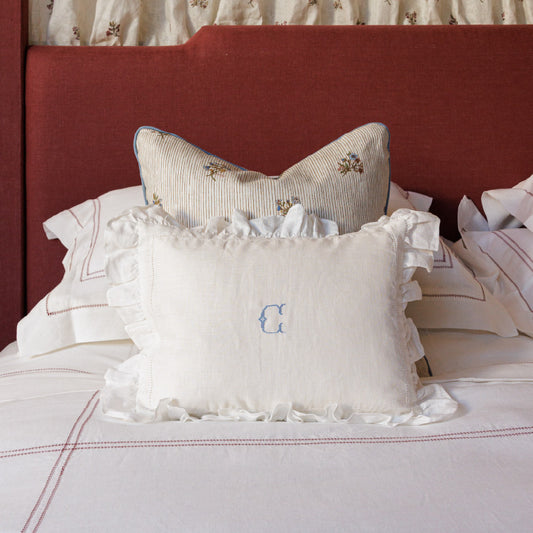 Boudoir Pillow With Frill & "C" Initial Embroidery in Cornflower Blue Cross Stitch