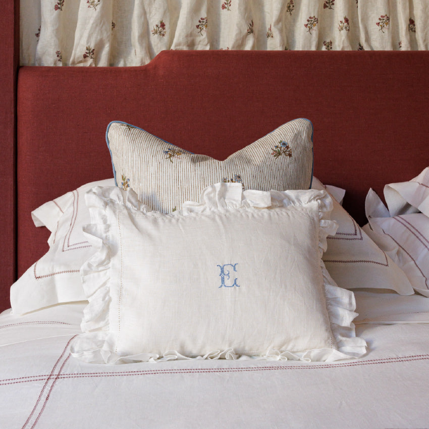 Boudoir Pillow With Frill & "E" Initial Embroidery in Cornflower Blue Cross Stitch