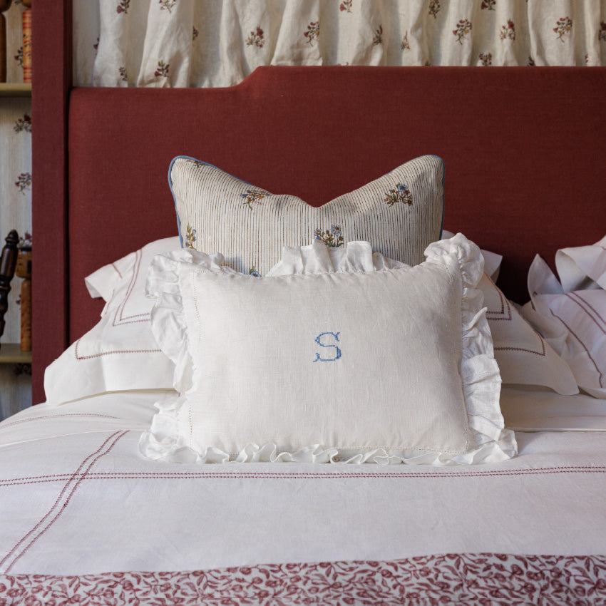 Boudoir Pillow With Frill & "S" Initial Embroidery in Cornflower Blue Cross Stitch