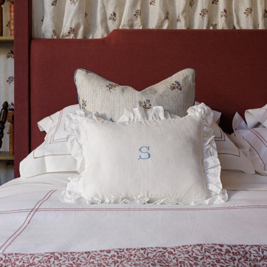Boudoir Pillow With Frill & "S" Initial Embroidery in Cornflower Blue Cross Stitch