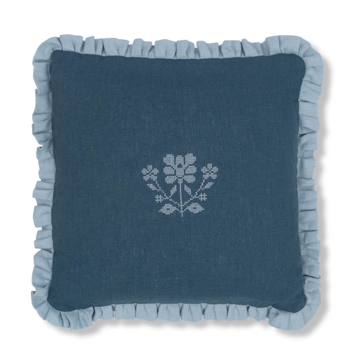 Prussian Blue Cushion with Porcelain Frill with Ruslan Floral Embroidery
