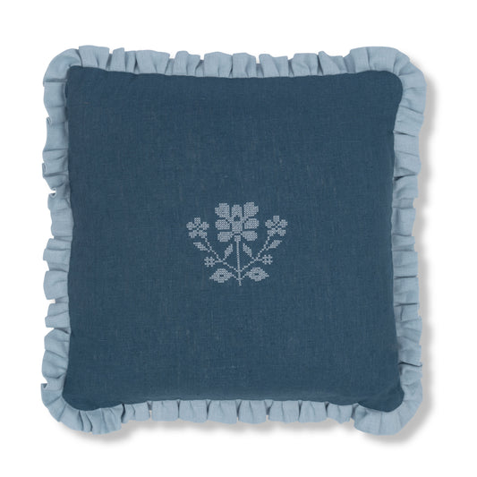 Prussian Blue Cushion with Porcelain Frill with Ruslan Floral Embroidery