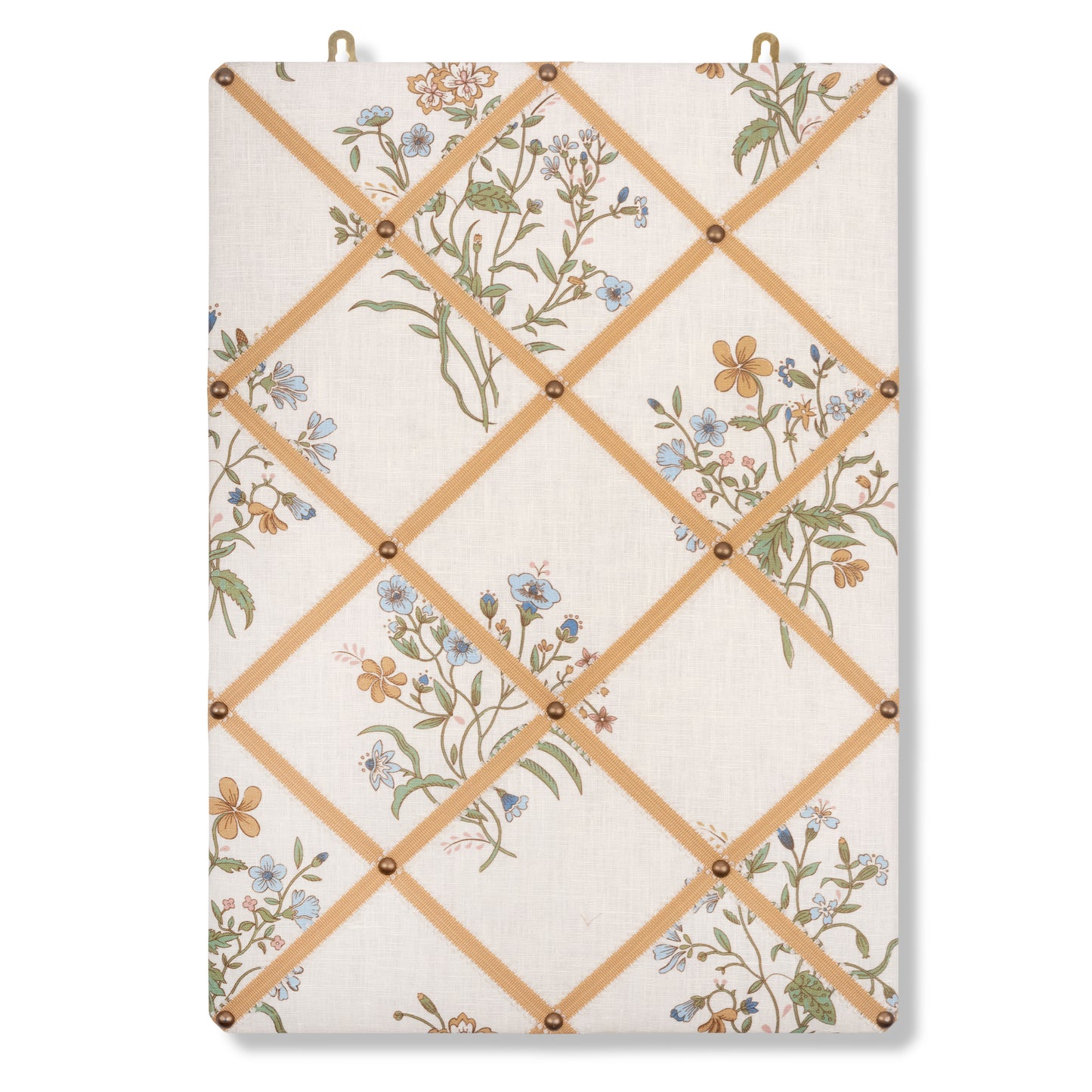 Ribboned Bulletin Board in Flax & Field Flower Print in Multi with Antique Gold Picot Trim