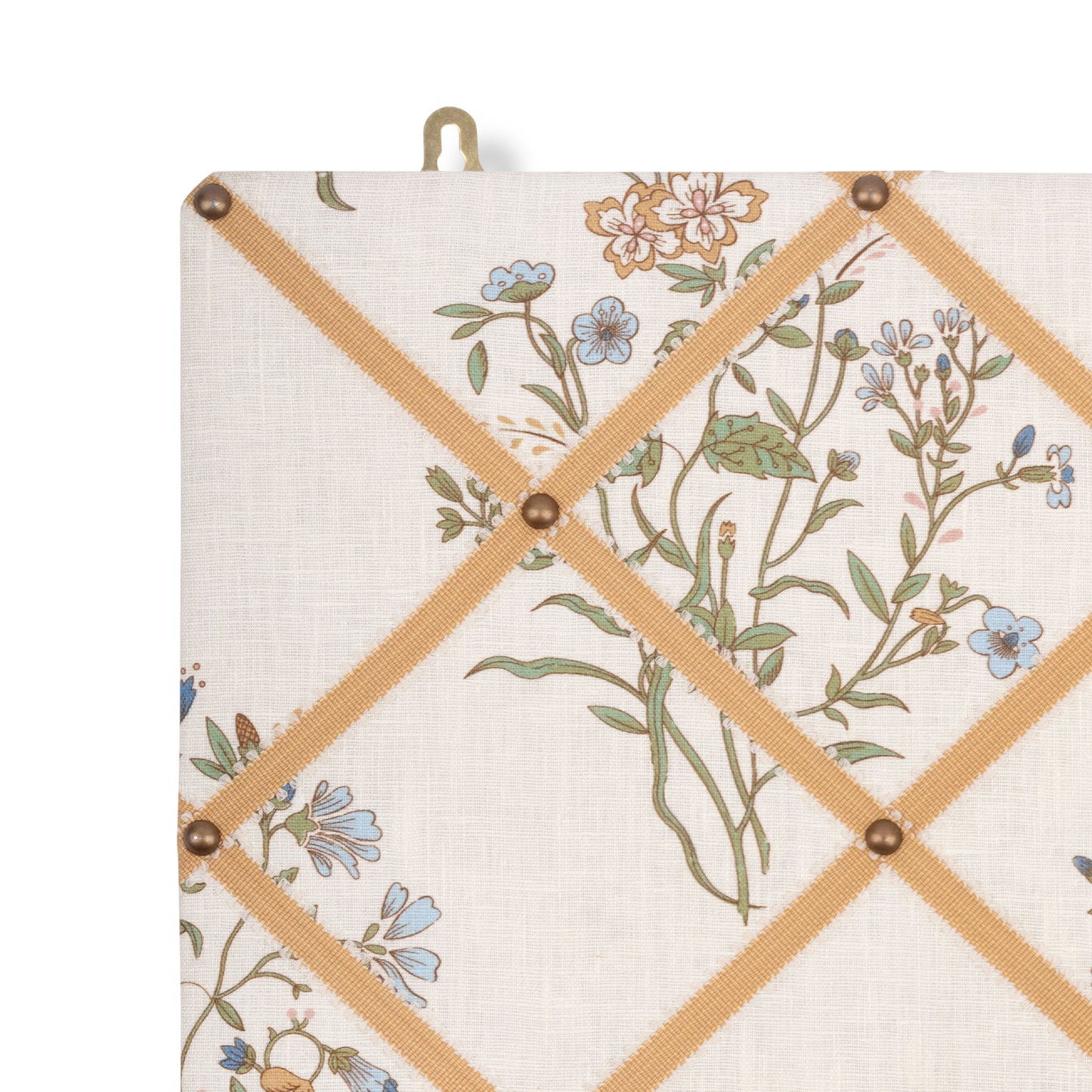 Ribboned Bulletin Board in Flax & Field Flower Print in Multi with Antique Gold Picot Trim