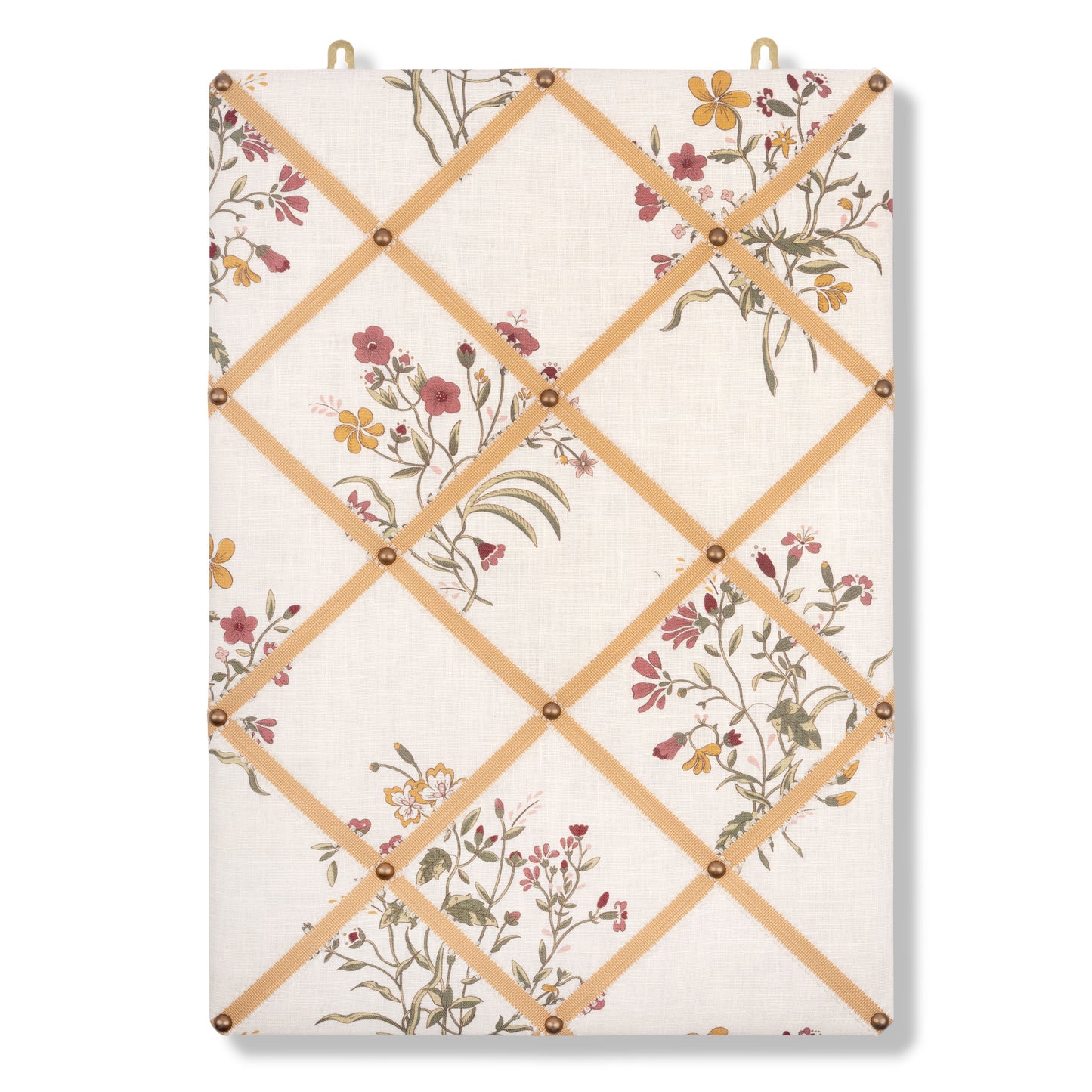 Ribboned Bulletin Board in Flax & Field Flower Scarlet Print with Antique Gold Picot Trim
