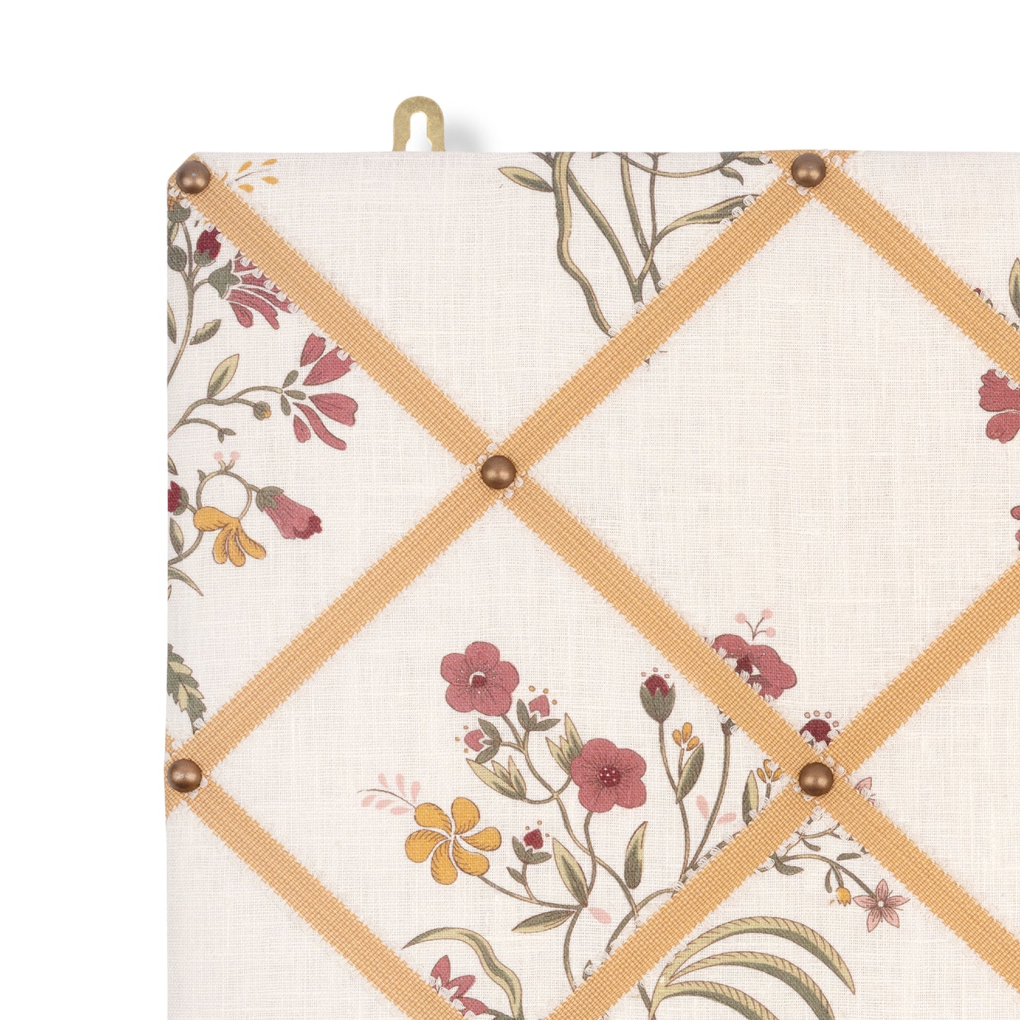 Ribboned Bulletin Board in Flax & Field Flower Scarlet Print with Antique Gold Picot Trim