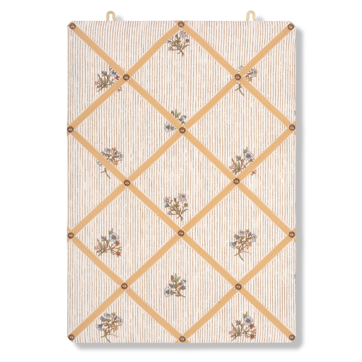 Ribboned Bulletin Board in Flax & Field Posy Pinstripe Multi Print with Antique Gold Picot Trim