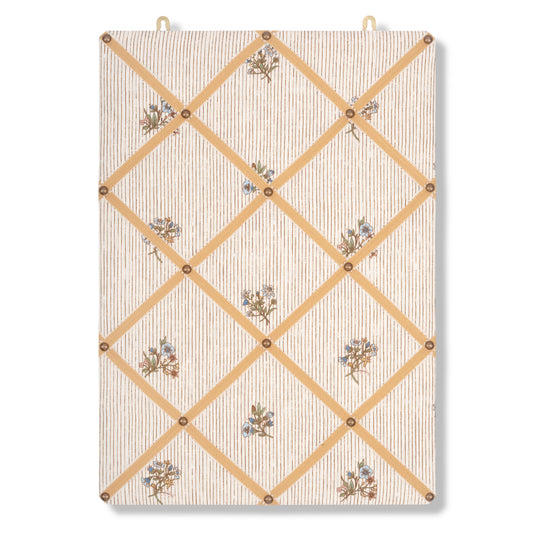 Ribboned Bulletin Board in Flax & Field Posy Pinstripe Multi Print with Antique Gold Picot Trim