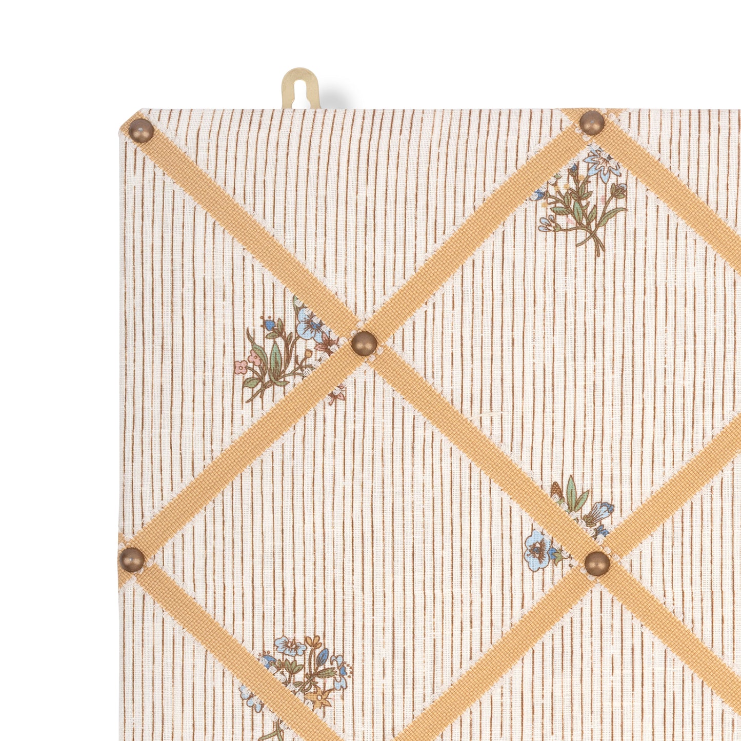 Ribboned Bulletin Board in Flax & Field Posy Pinstripe Multi Print with Antique Gold Picot Trim