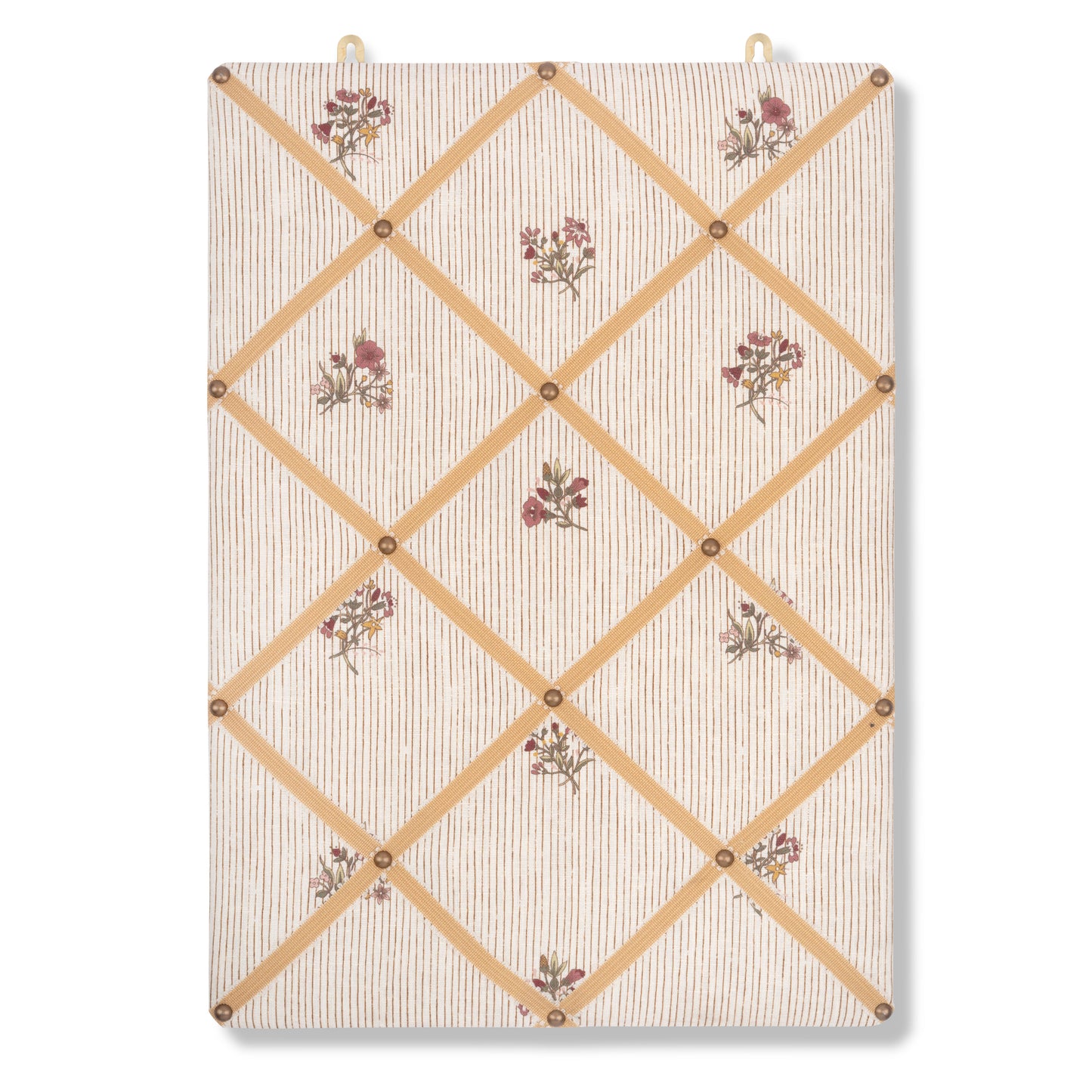 Ribboned Bulletin Board in Flax & Field Posy Pinstripe Scarlet Print with Antique Gold Picot Trim