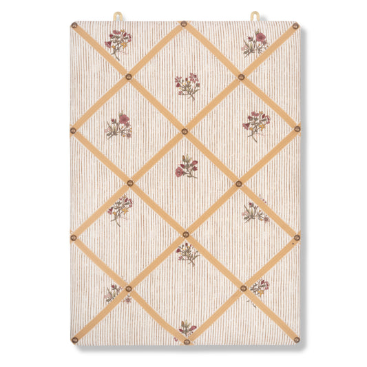 Ribboned Bulletin Board in Flax & Field Posy Pinstripe Scarlet Print with Antique Gold Picot Trim