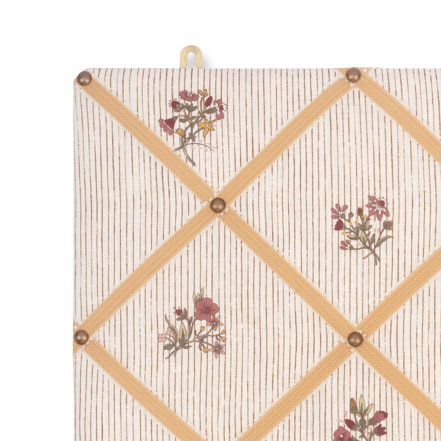 Ribboned Bulletin Board in Flax & Field Posy Pinstripe Scarlet Print with Antique Gold Picot Trim