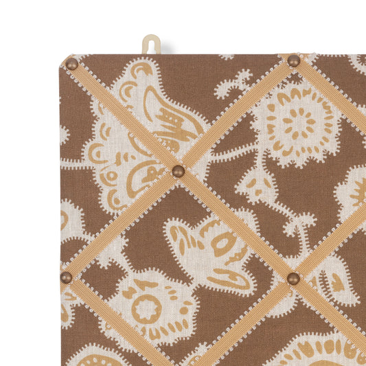 Ribboned Bulletin Board in Persian Poppy Bronze Print with Antique Gold Picot Trim