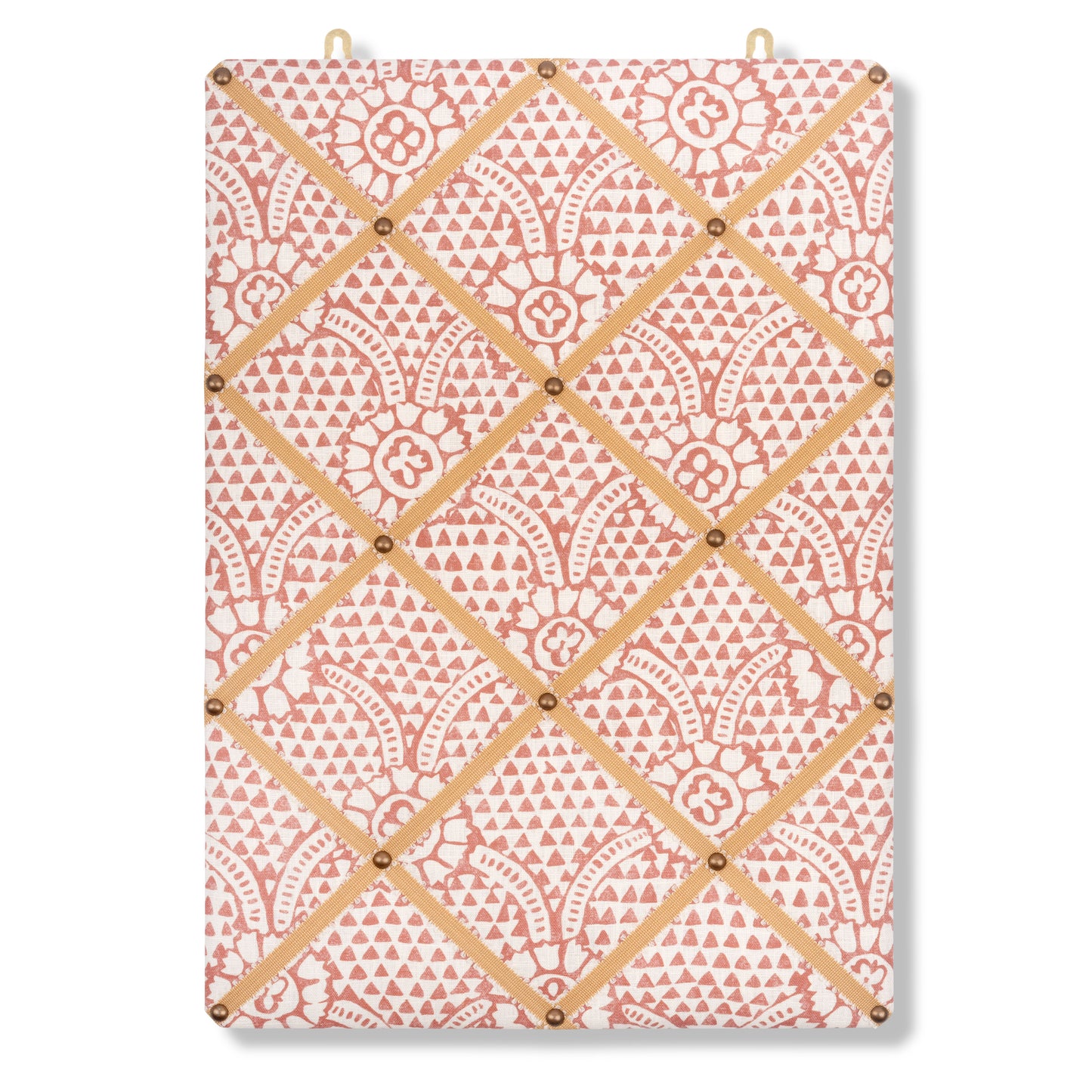 Ribboned Bulletin Board in Ivan Print in Terracotta with Antique Gold Picot Trim