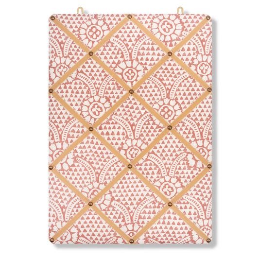 Ribboned Bulletin Board in Ivan Print in Terracotta with Antique Gold Picot Trim