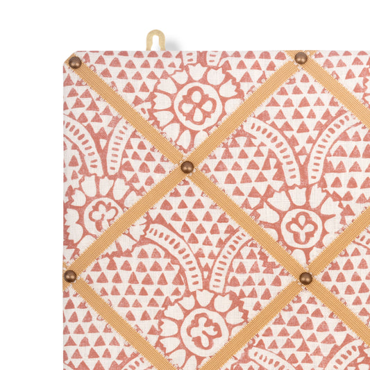 Ribboned Bulletin Board in Ivan Print in Terracotta with Antique Gold Picot Trim