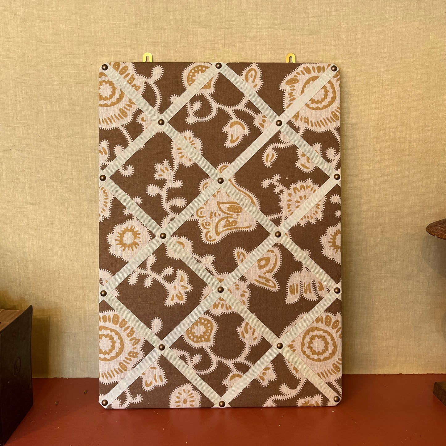 Ribboned Bulletin Board in Volga's Persian Poppy Print in Bronze with Macadamia Trim