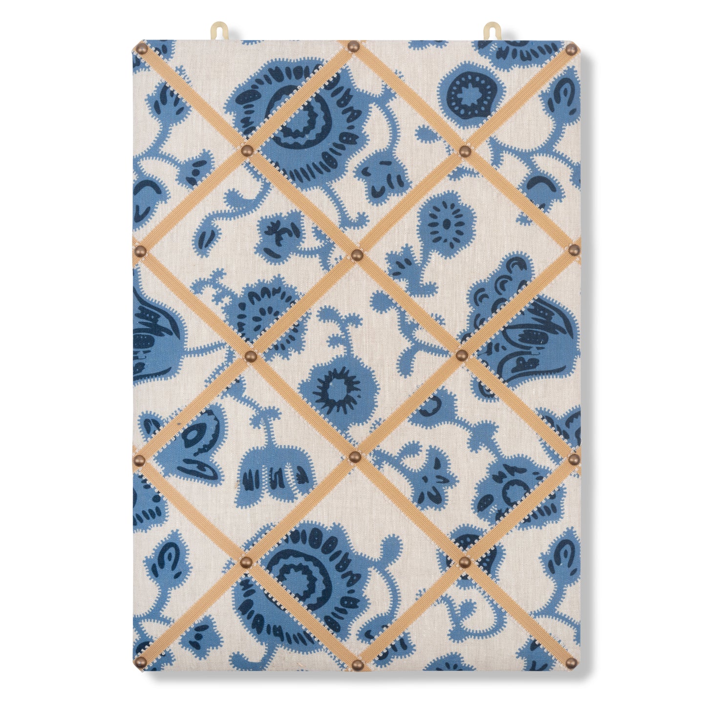 Ribboned Bulletin Board in Persian Poppy Print in Cornflower Blue with Antique Gold Picot Trim