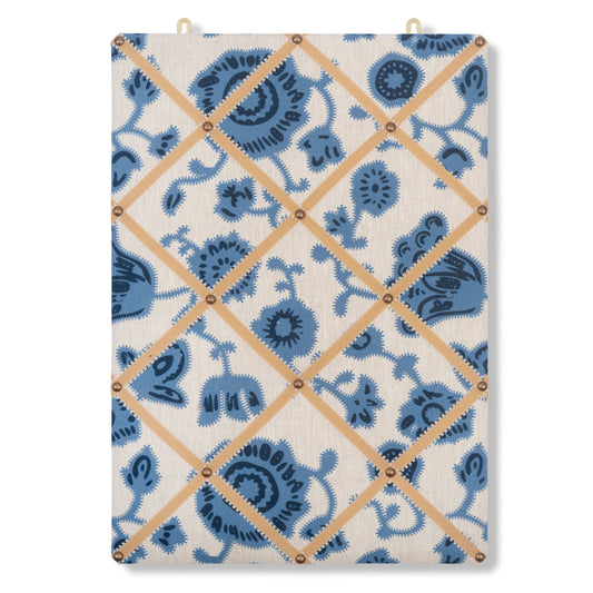 Ribboned Bulletin Board in Persian Poppy Print in Cornflower Blue with Antique Gold Picot Trim