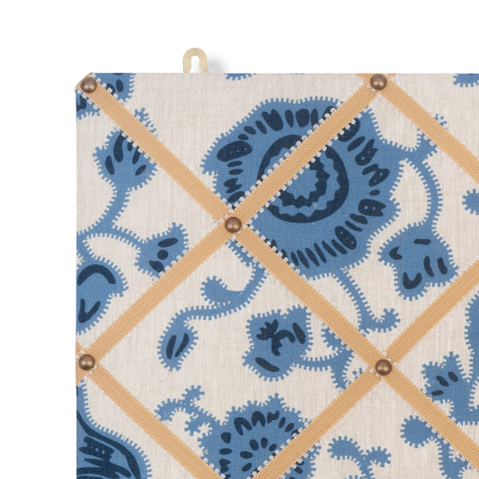 Ribboned Bulletin Board in Persian Poppy Print in Cornflower Blue with Antique Gold Picot Trim
