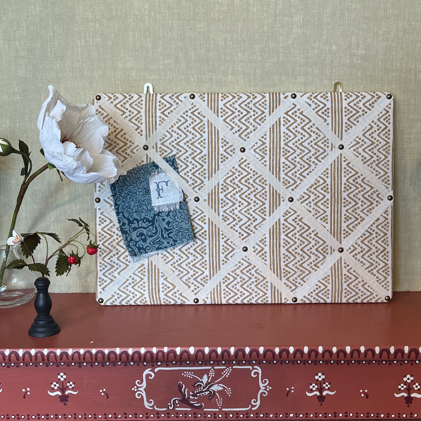 Ribboned Bulletin Board in Volga’s Scherezade Print with Macadamia Trim